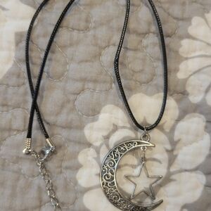Silver Crescent Moon and Star Pendant Necklace